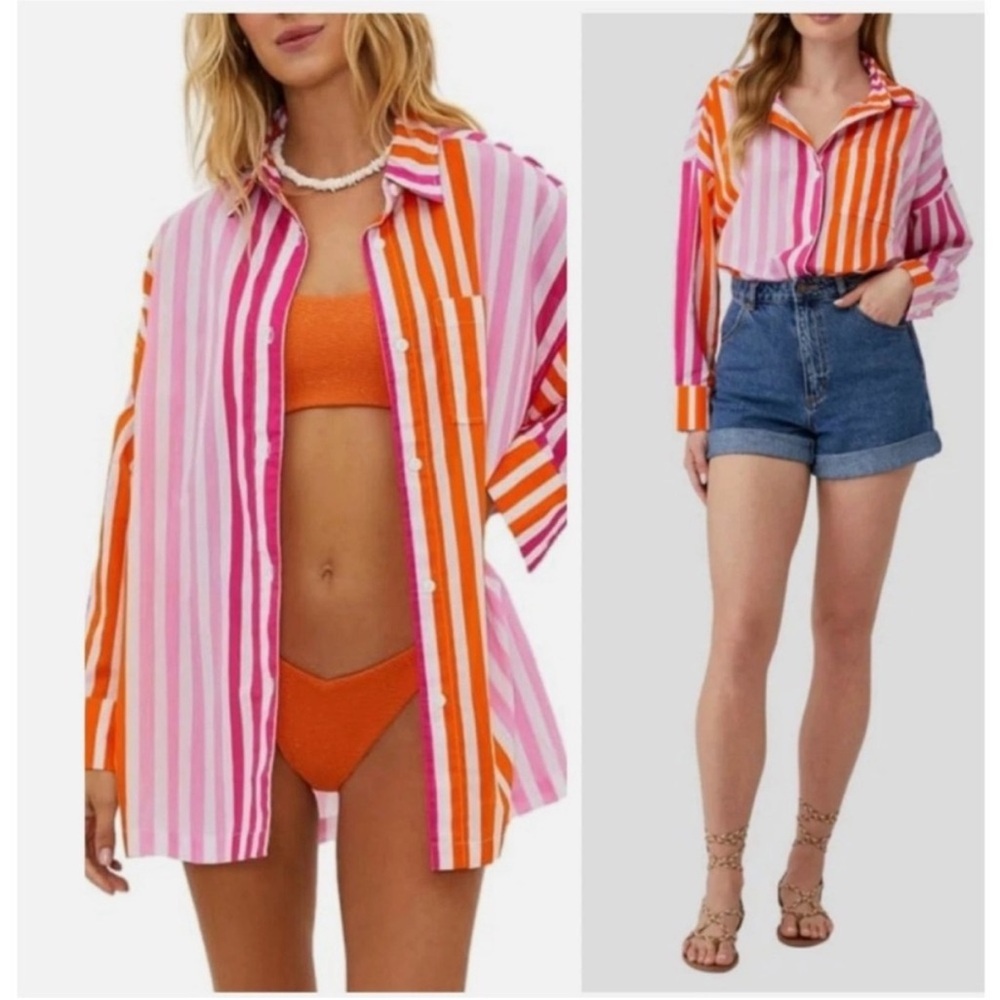 BEACH RIOT  Alexa Top Pink Orange Sunset Stripe Tunic Button Down SIZE: S/M